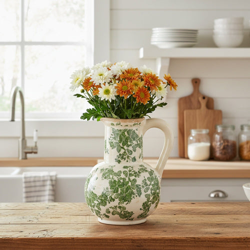 9” Floral Tuscan Ceramic Green Scroll Jar - Che Cose Belle