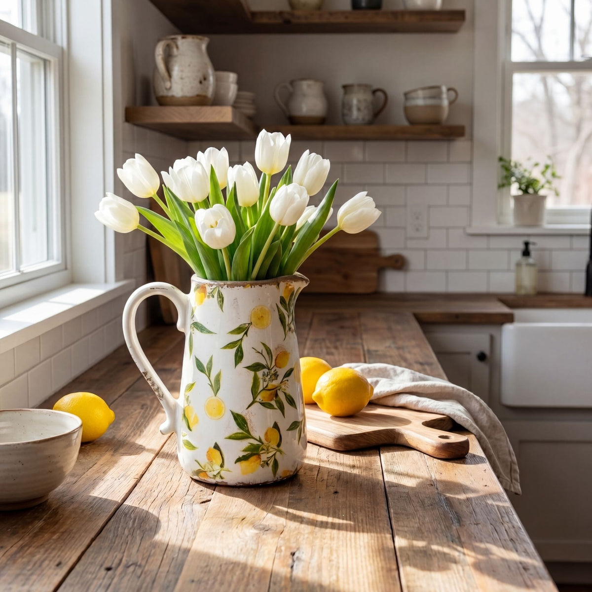 9” Lemon Print Ceramic Rustic Jug Vase - Che Cose Belle