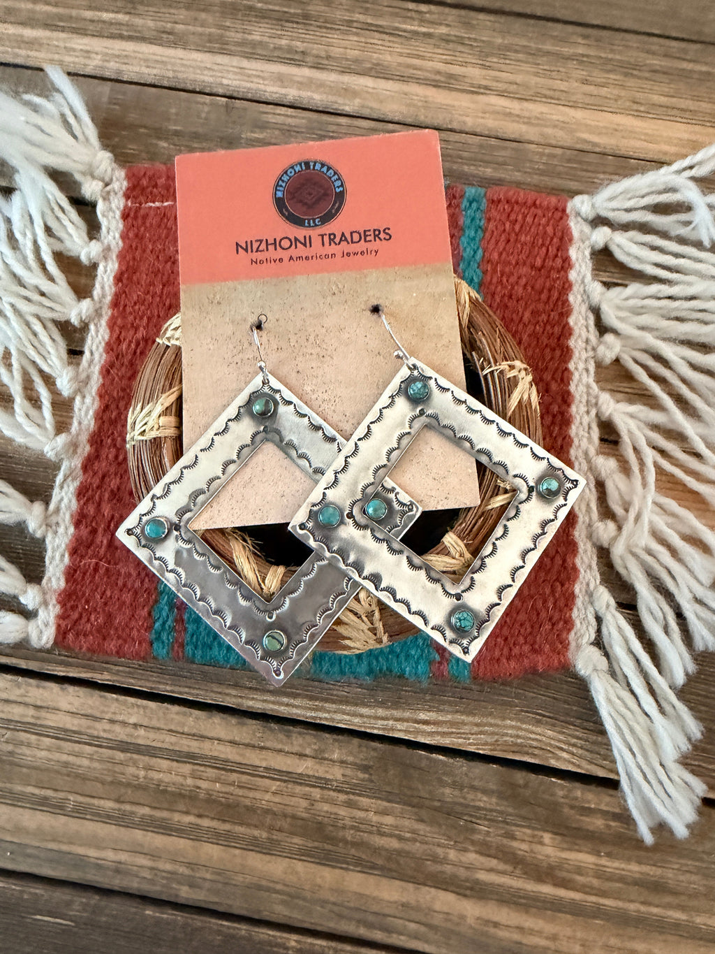 Handmade Sterling Silver & Turquoise Concho Dangle Earrings by Kimari Somers