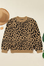 Leopard Ribbed Trim Crewneck Drop Shoulder Sweater