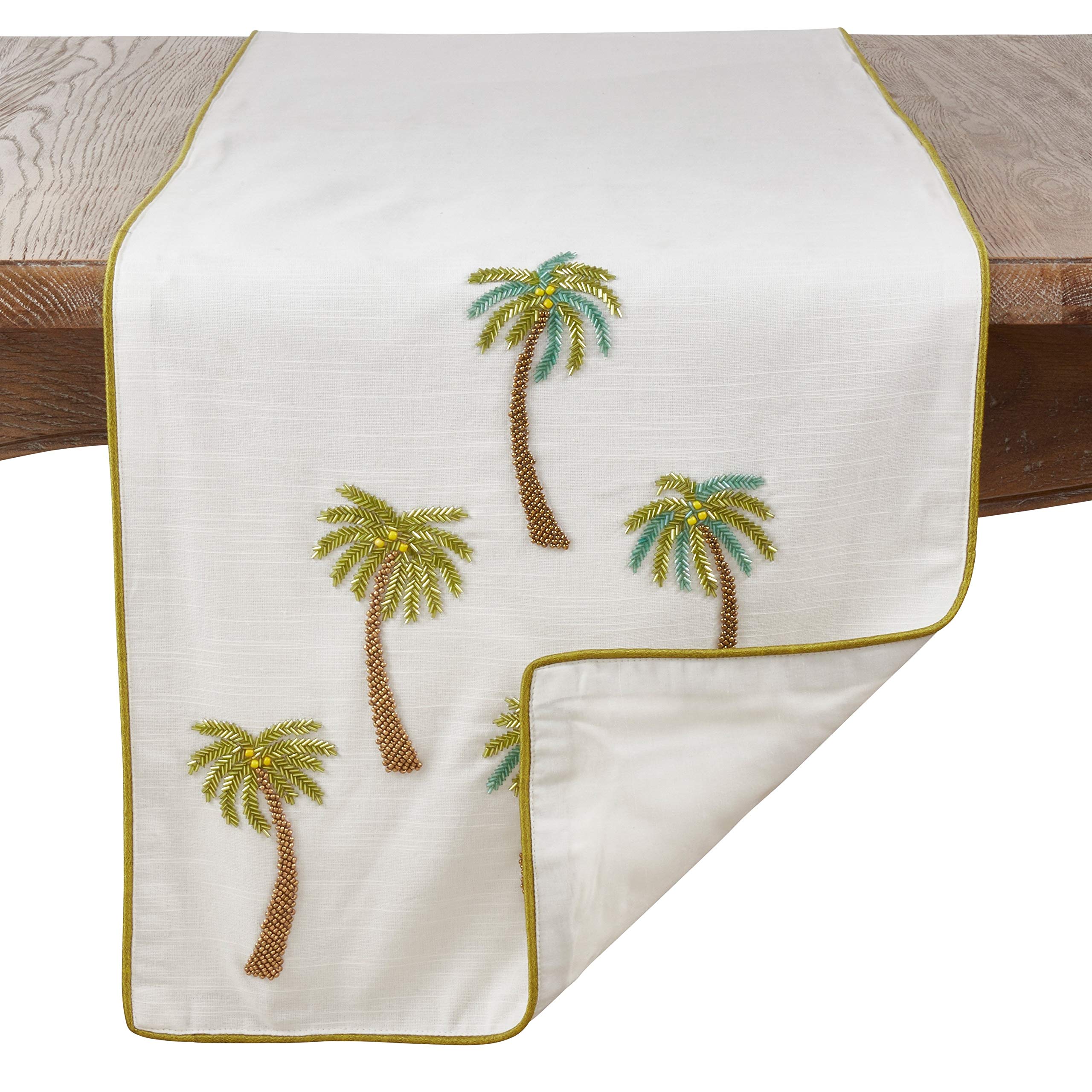 Fennco Styles Raquel Collection Beaded Palm Trees 100% Pure Cotton 16 x 72 Inch Table Runner – White Table Runner for Indoor Party, Family Gathering, Beach House and Home Décor