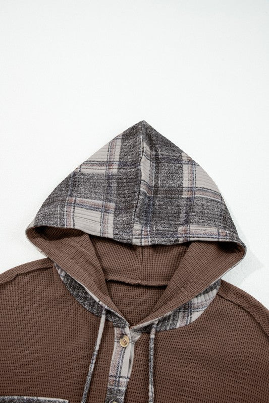 Plaid Patchwork Button-Up Drawstring Hooded Shacket