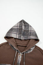 Plaid Patchwork Button-Up Drawstring Hooded Shacket