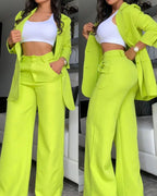 Women's Longline Open-Front Blazer & High-Waist Wide-Leg Trousers Suit Set – 8 Colors