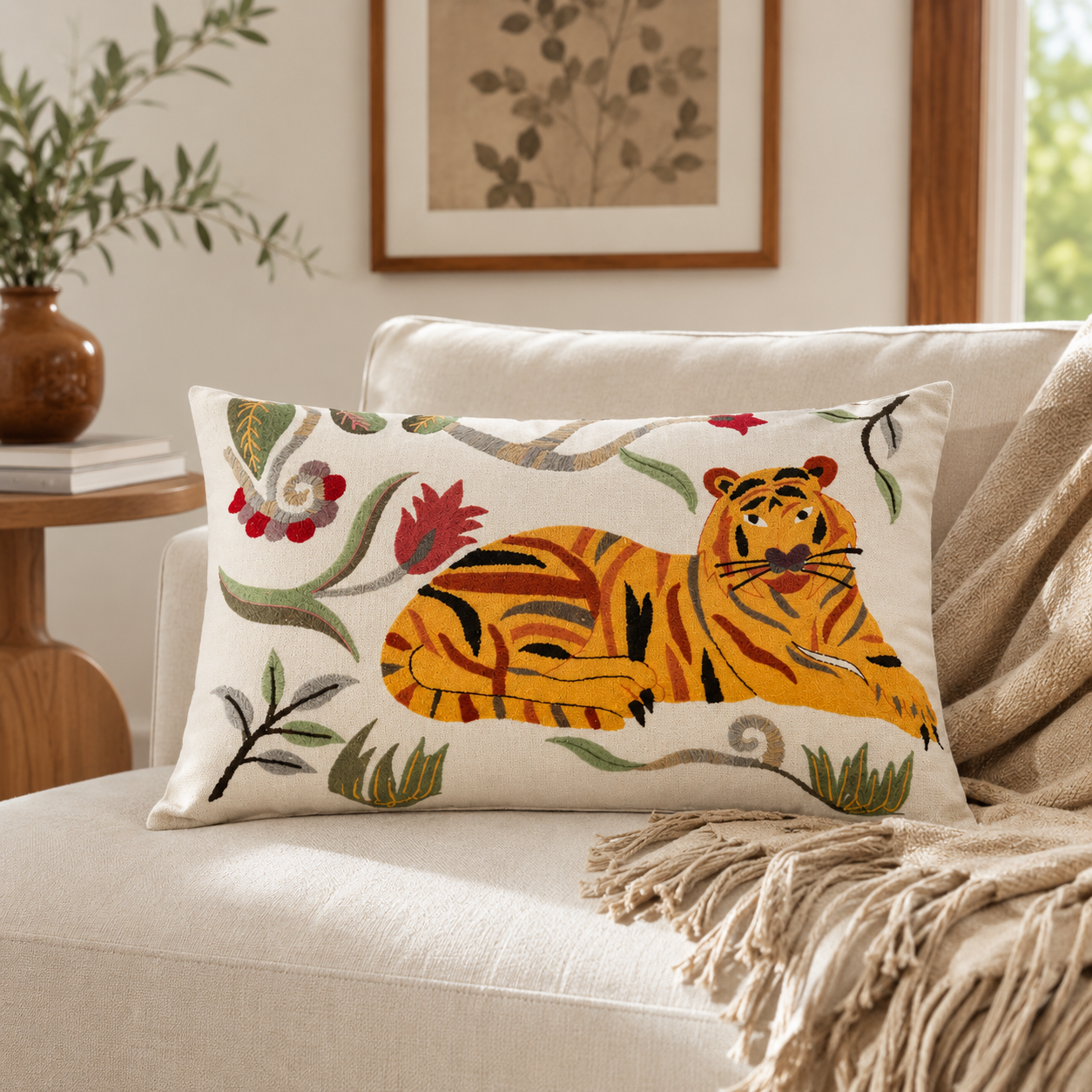 Floral Safari Tiger Pillow | 24x14" | Cotton Fabric