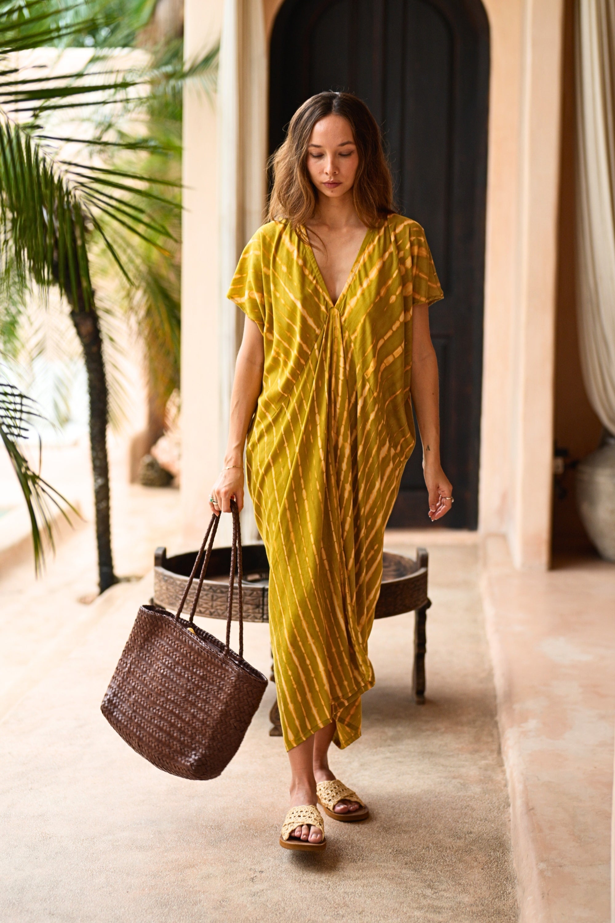 Madella Hand Dyed Kaftan Dress in Lemongrass