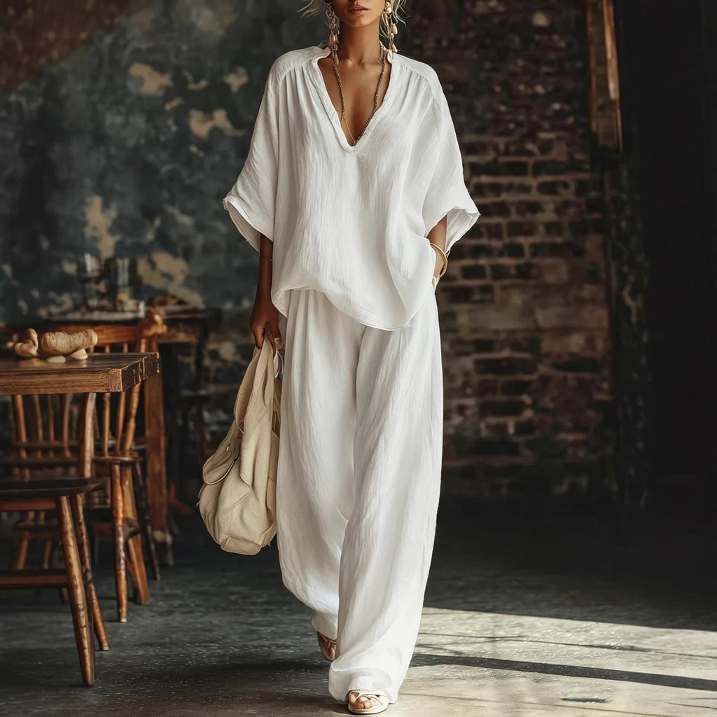 Women's V-Neck Loose Short-Sleeve Top & Pants Two-Piece Set