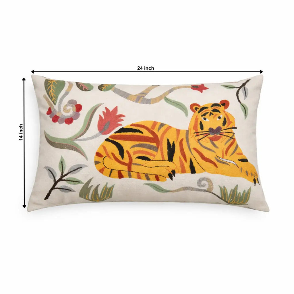 Floral Safari Tiger Pillow | 24x14" | Cotton Fabric