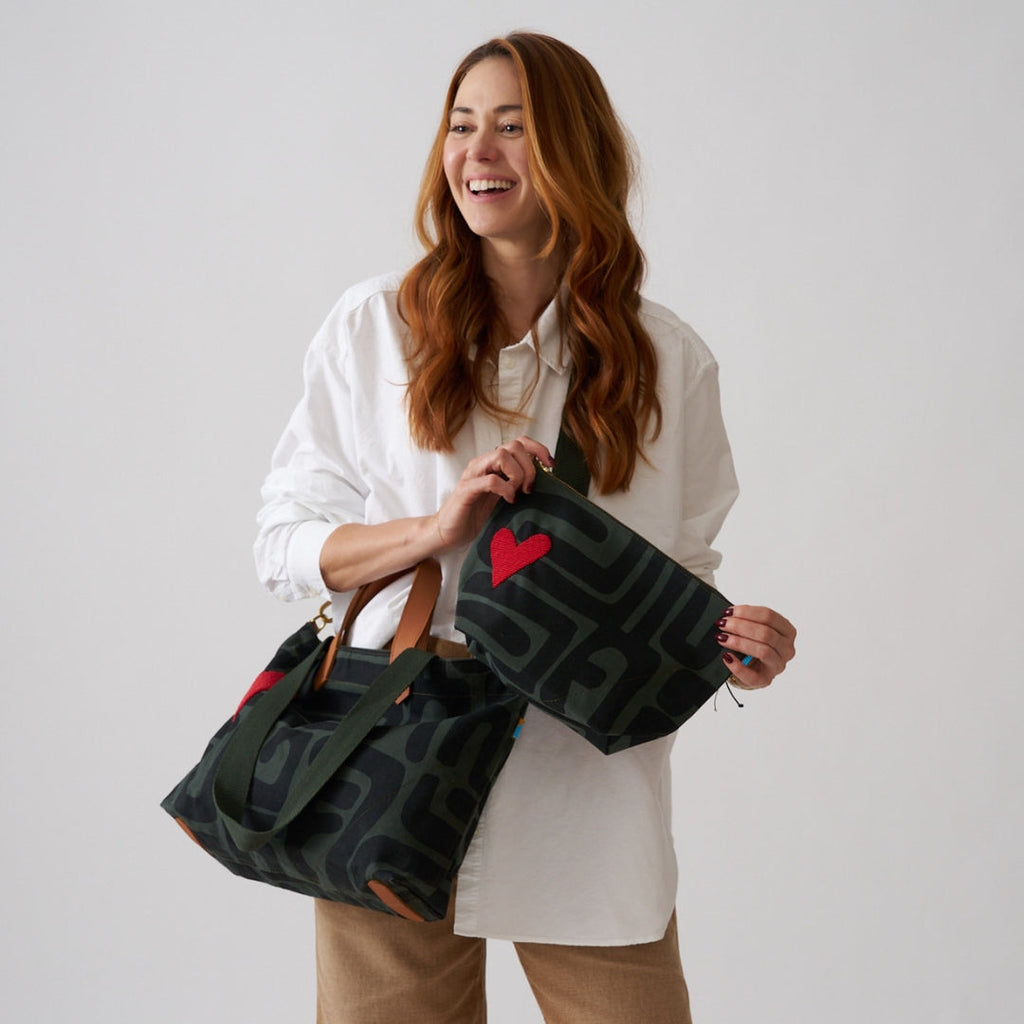 Large Convertible Pouch - Safari Kuba with Beaded Red Heart