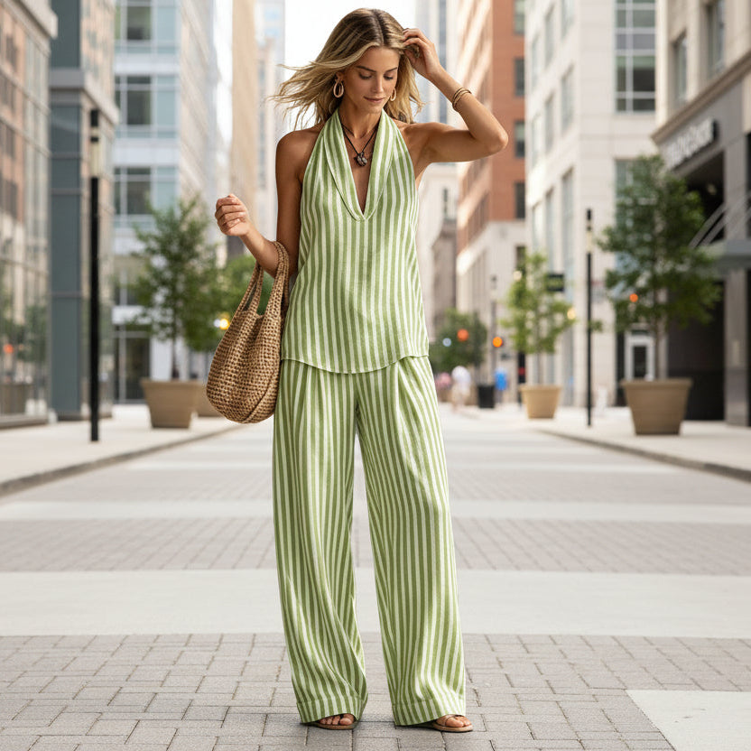 Women's Striped Sleeveless Top & Wide-Leg Pants Two-Piece Set