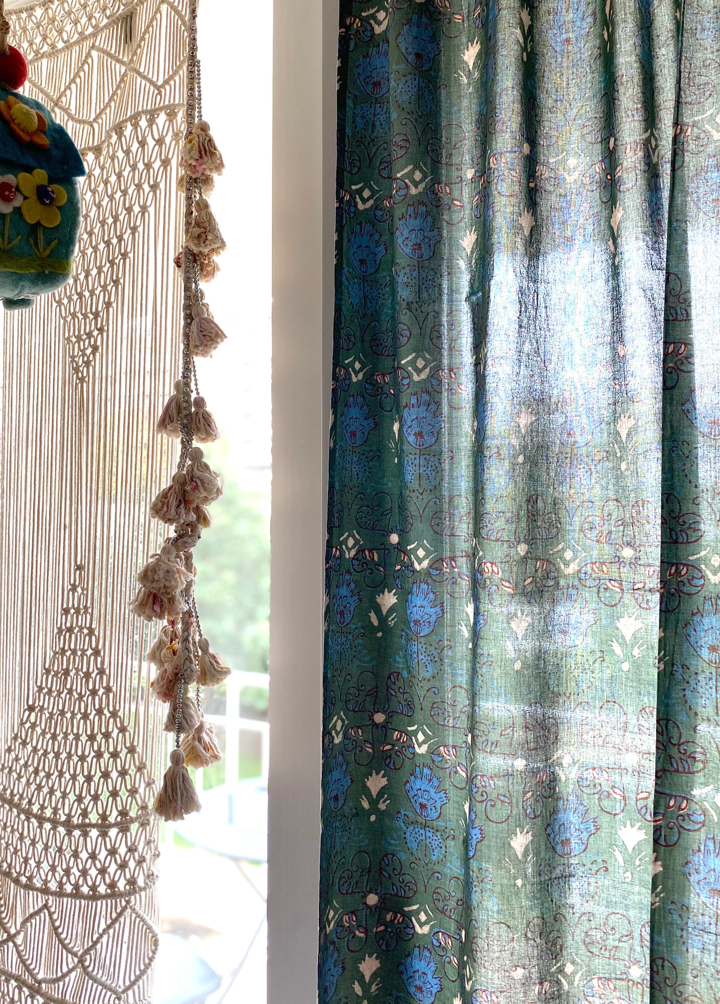 Curtain Panel, Boho Block Print Cotton Drape - Meadow Green