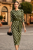 Women's Retro Polka-Dot Bodycon Midi Dress | Belted Waist Slim Fit