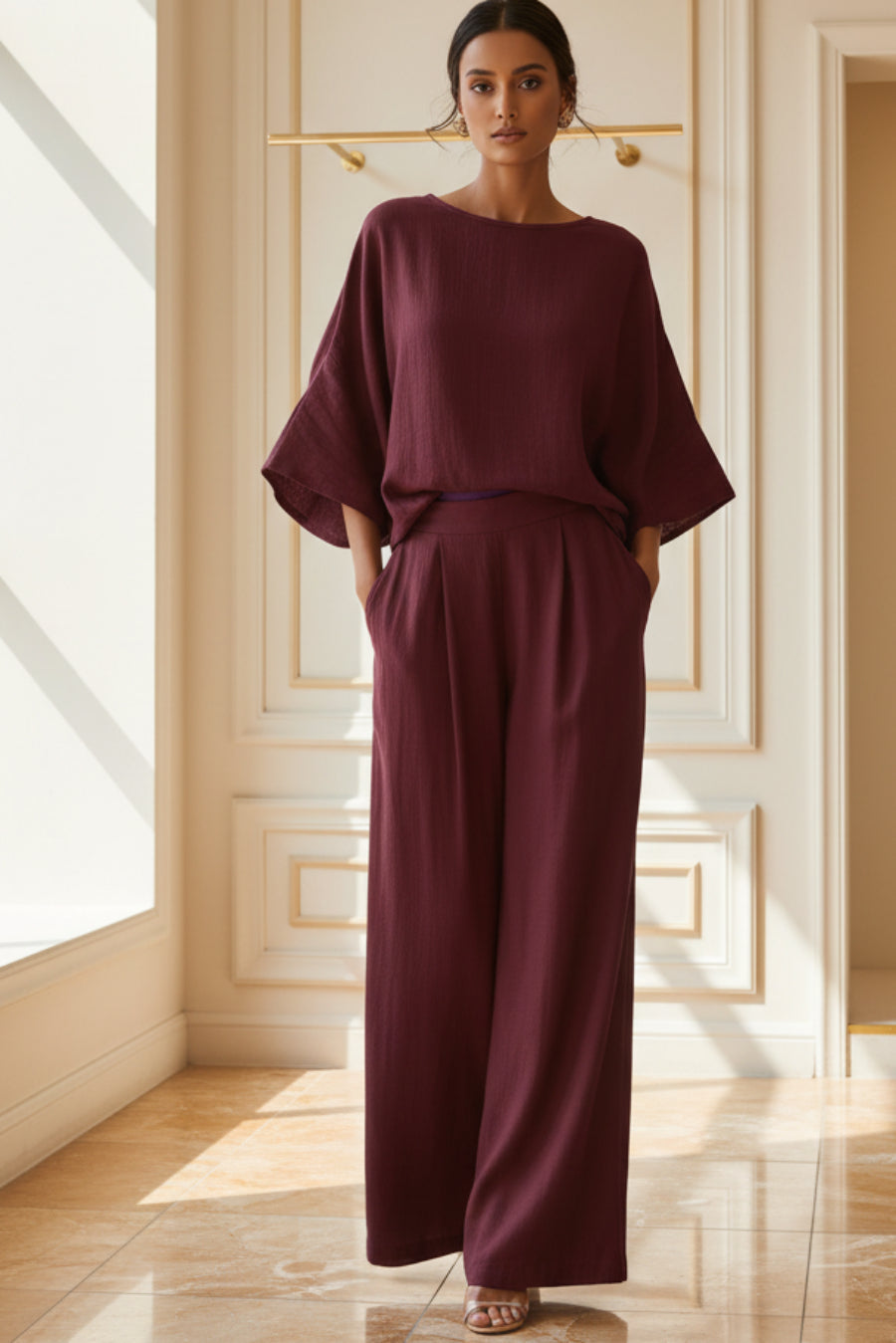 Women's Batwing-Sleeve Top & Wide-Leg Pleated Trousers Two-Piece Set