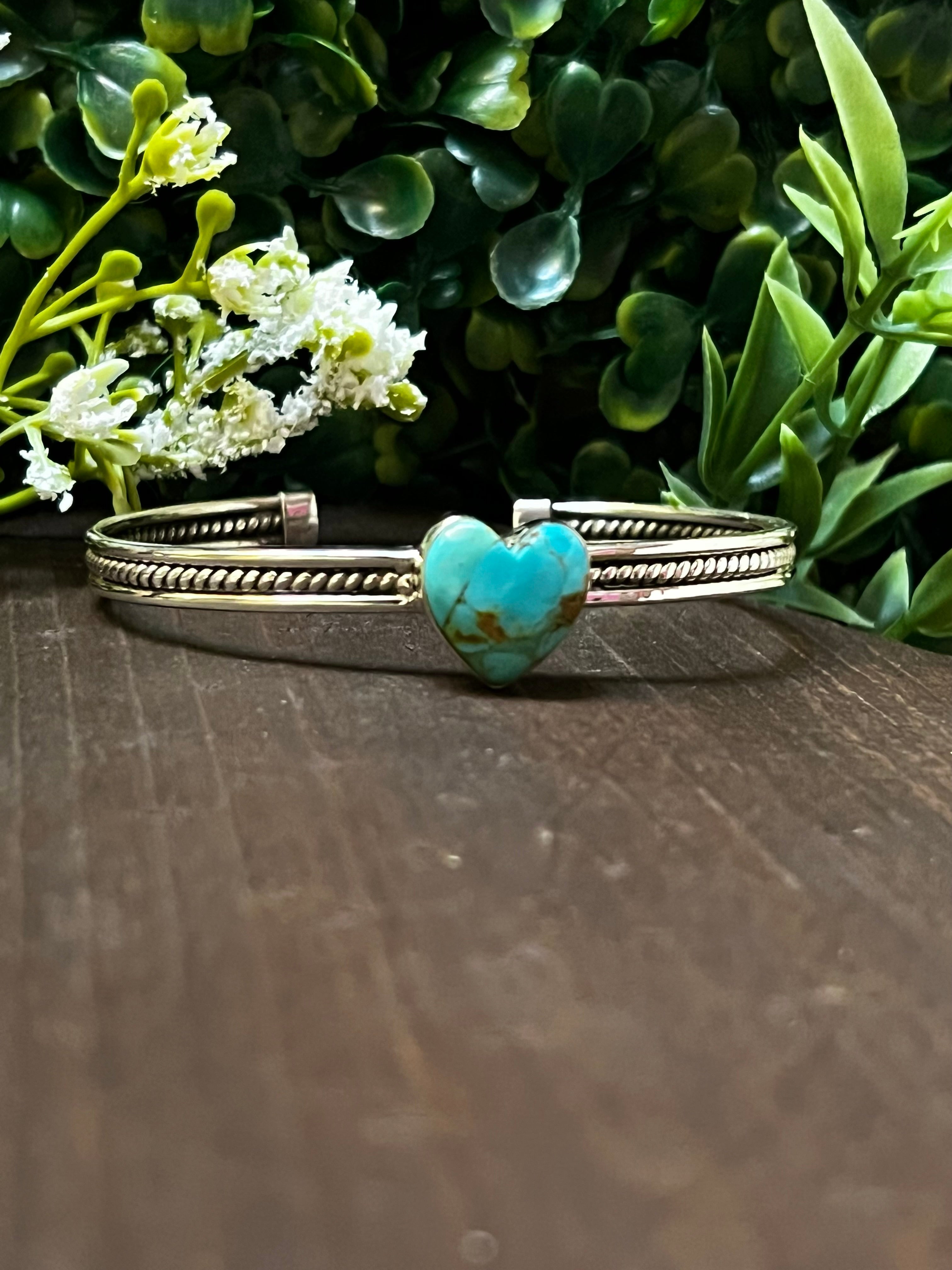 Handmade Sonoran Mountain Turquoise Heart & Sterling Silver Cuff Bracelet
