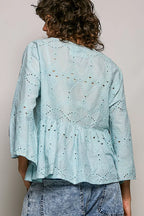 POL Eyelet Embroidery Peplum Button Front Cotton Shirt