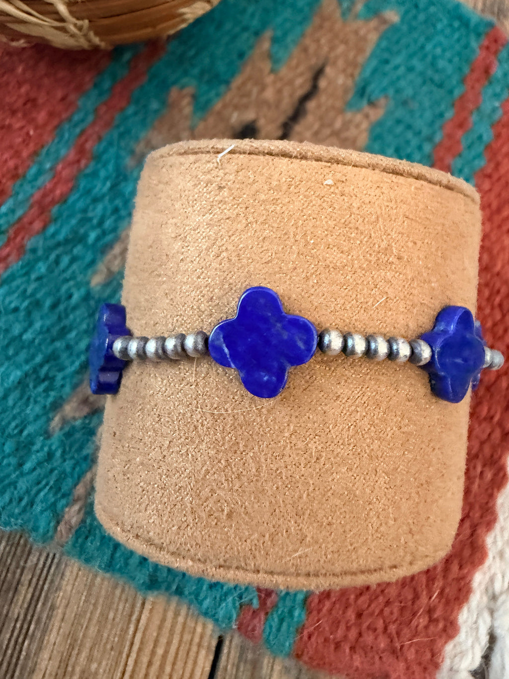 Handcrafted Lapis & Sterling Silver Pearl Cross Beaded Stretch Bracelet