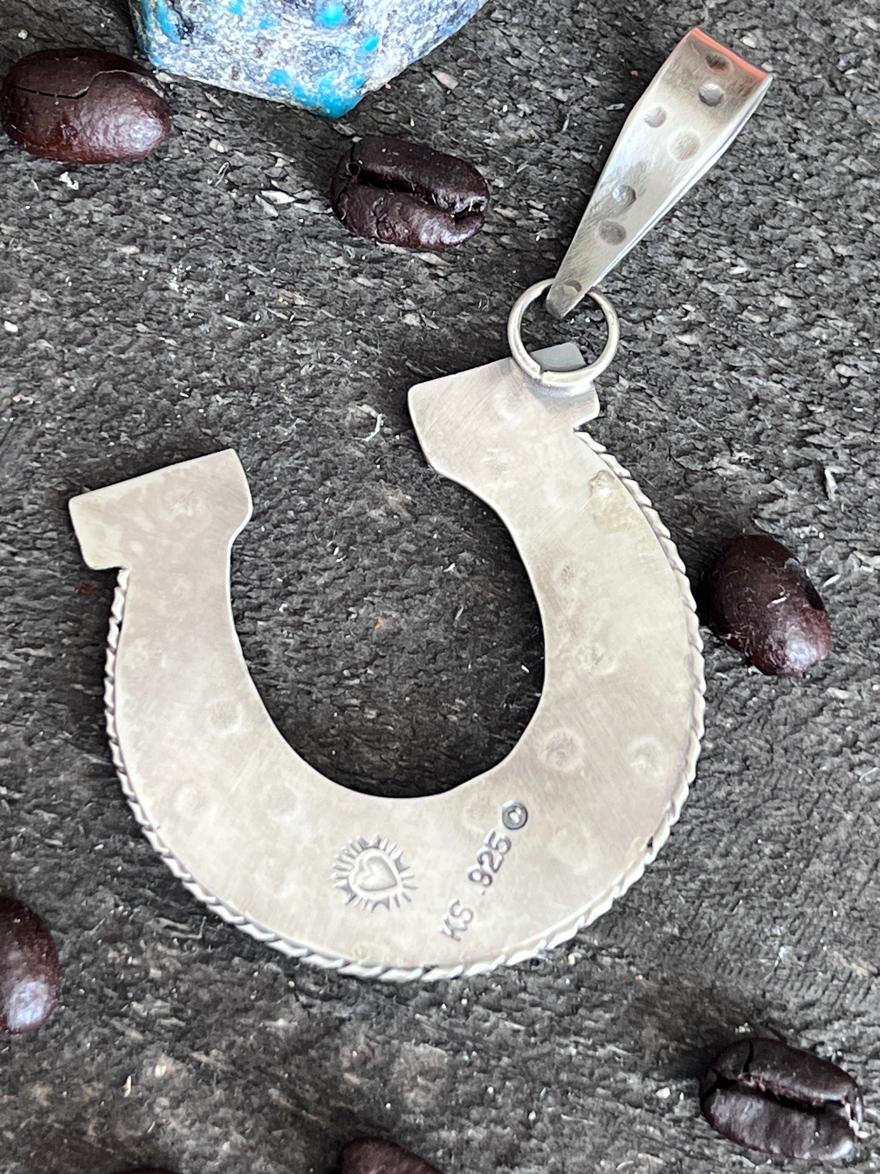 Kimari Somers Hand Stamped Sterling Silver Sonoran Desert Horseshoe Pendant with Brass & Royston Turquoise