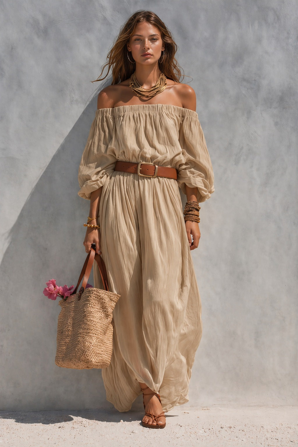 Women's Off-Shoulder Balloon Sleeve Maxi Dress