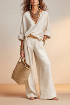 Women's Linen-Style Two-Piece Set – V-Neck Top & Wide-Leg Pants
