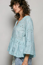 POL Eyelet Embroidery Peplum Button Front Cotton Shirt