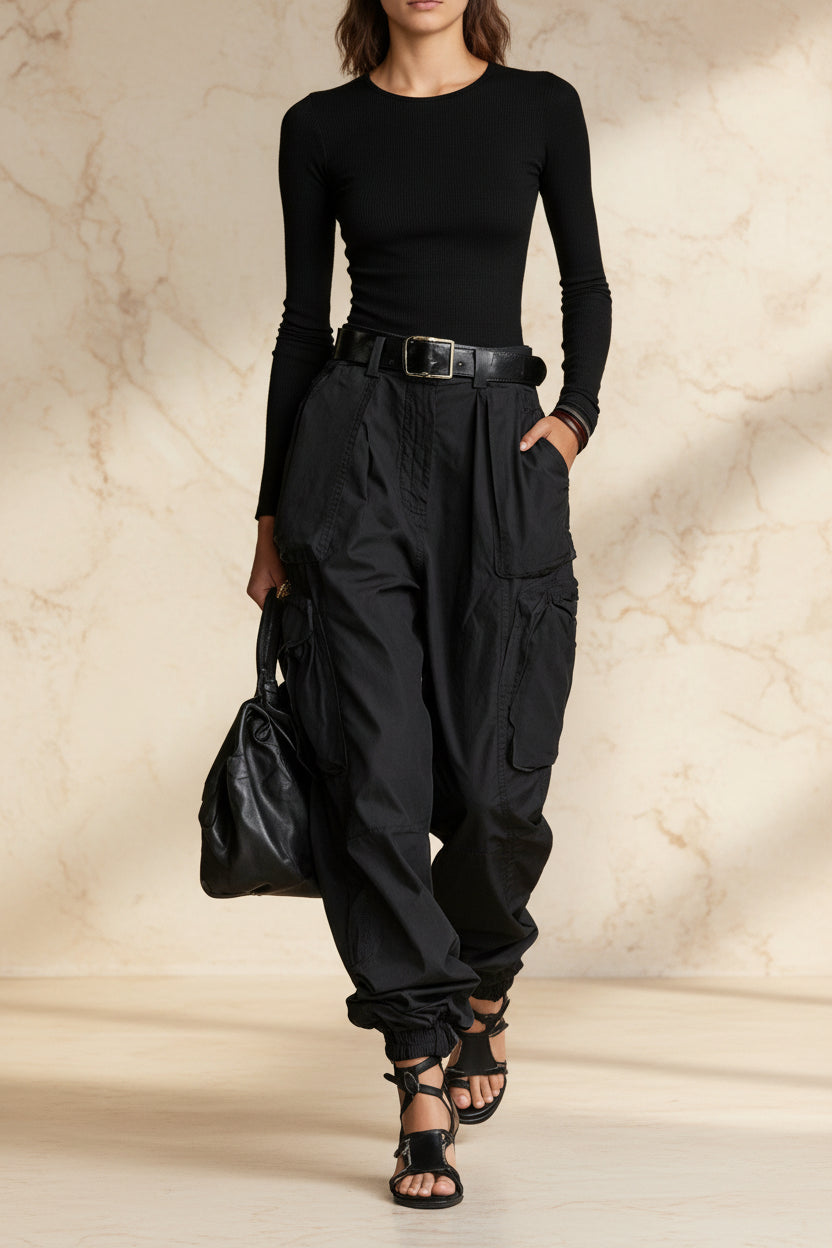 Women's High-Waist Cargo Parachute Pants with Elastic Ankle Cuffs