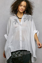 POL Button Down Embroidered Floral High-Low Hem Shirt