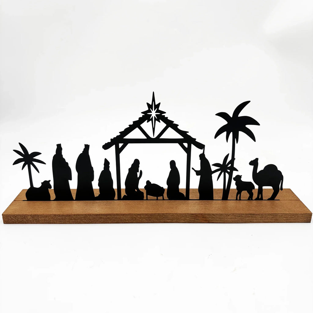 1pc Black Metal Nativity Scene with Wooden Base People Nativity Set Decorations for Christmas Xmas Table Ornaments