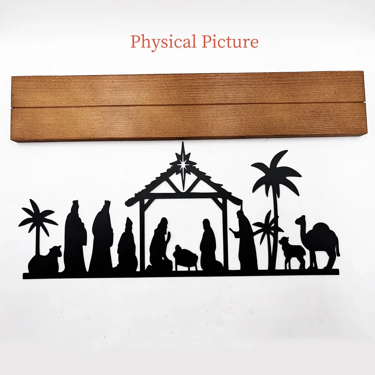 1pc Black Metal Nativity Scene with Wooden Base People Nativity Set Decorations for Christmas Xmas Table Ornaments