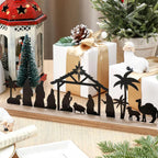 1pc Black Metal Nativity Scene with Wooden Base People Nativity Set Decorations for Christmas Xmas Table Ornaments