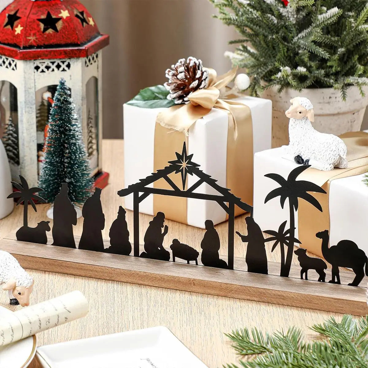 1pc Black Metal Nativity Scene with Wooden Base People Nativity Set Decorations for Christmas Xmas Table Ornaments