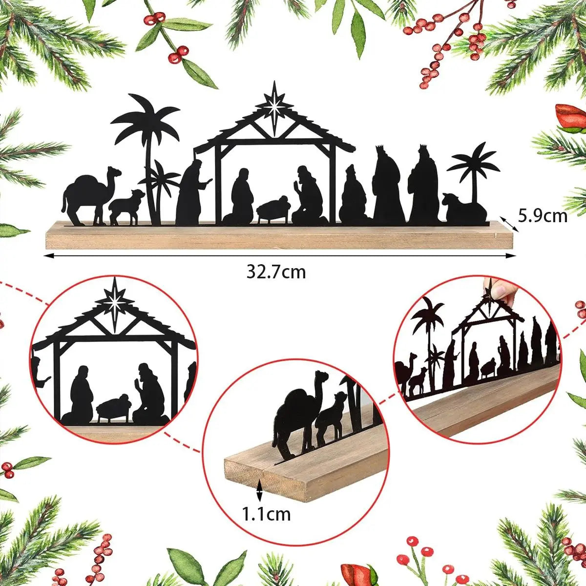 1pc Black Metal Nativity Scene with Wooden Base People Nativity Set Decorations for Christmas Xmas Table Ornaments
