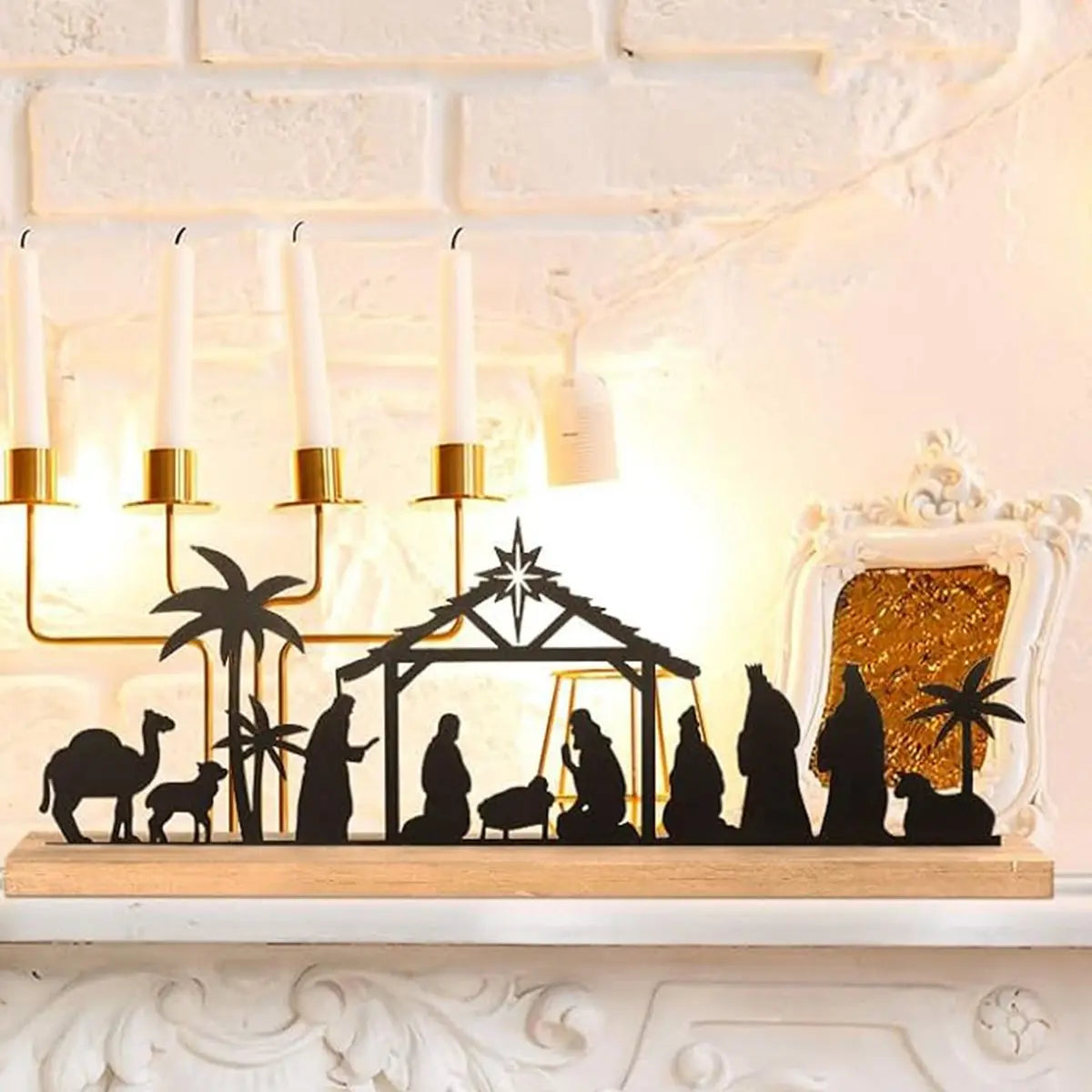 1pc Black Metal Nativity Scene with Wooden Base People Nativity Set Decorations for Christmas Xmas Table Ornaments