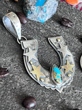 Kimari Somers Hand Stamped Sterling Silver Star Horseshoe Pendant with Brass Accents & Royston Turquoise