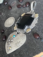 Hand Stamped Sterling Silver & Black Marble Santa Fe Cross and Heart Pendant by Kimari Somers