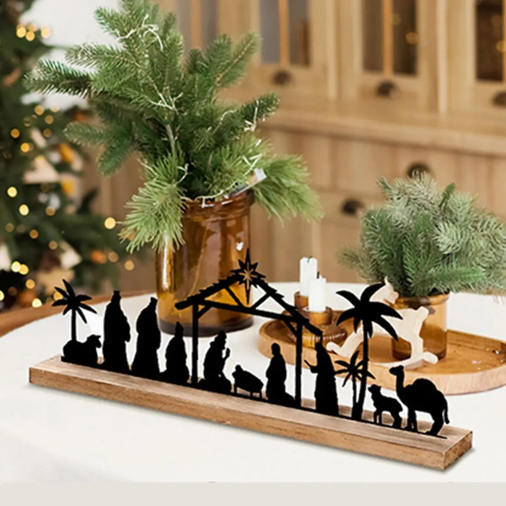 1pc Black Metal Nativity Scene with Wooden Base People Nativity Set Decorations for Christmas Xmas Table Ornaments