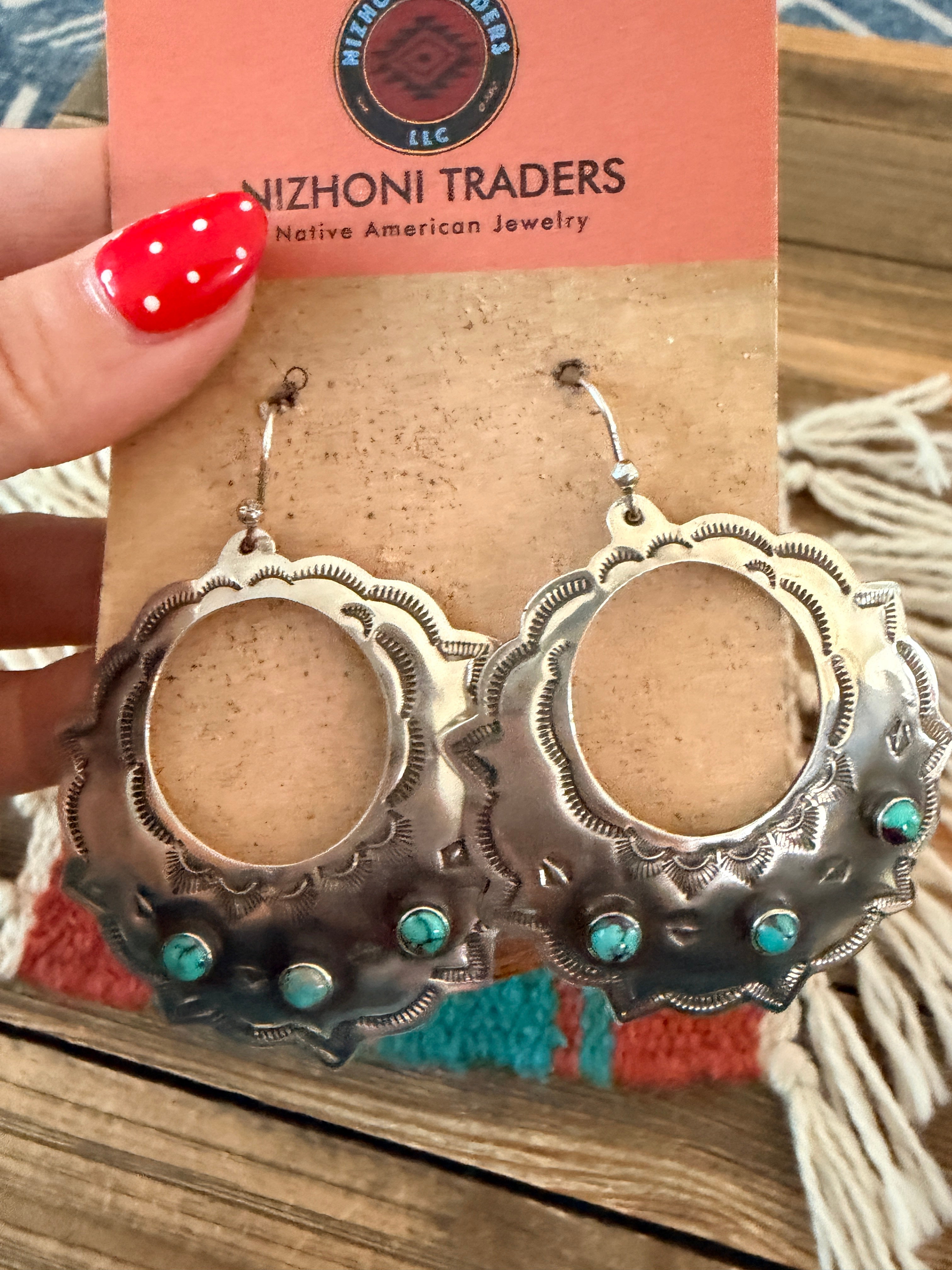 Handmade Sterling Silver & Turquoise Concho Dangle Earrings by Kimari Somers