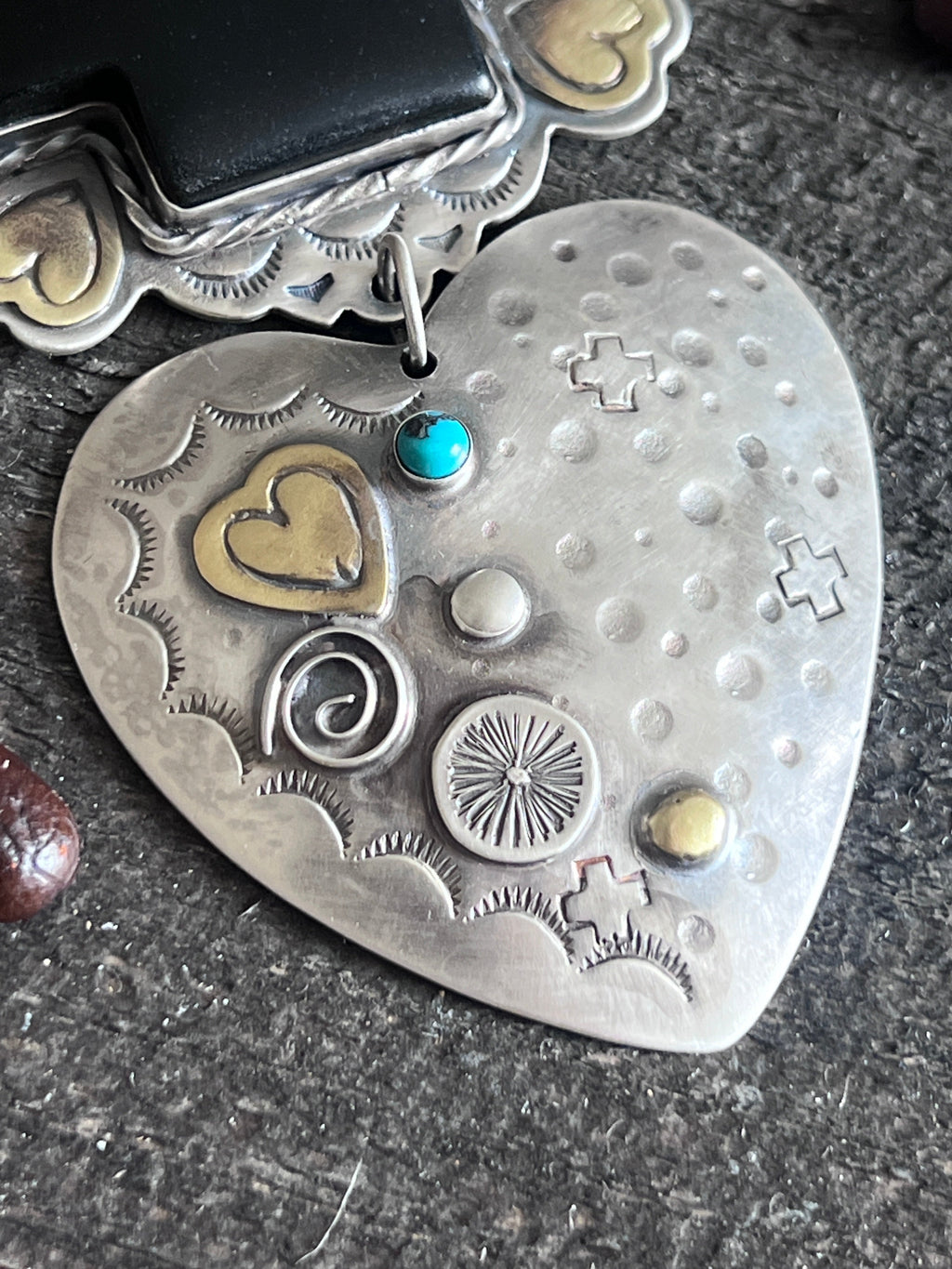 Hand Stamped Sterling Silver & Black Marble Santa Fe Cross and Heart Pendant by Kimari Somers