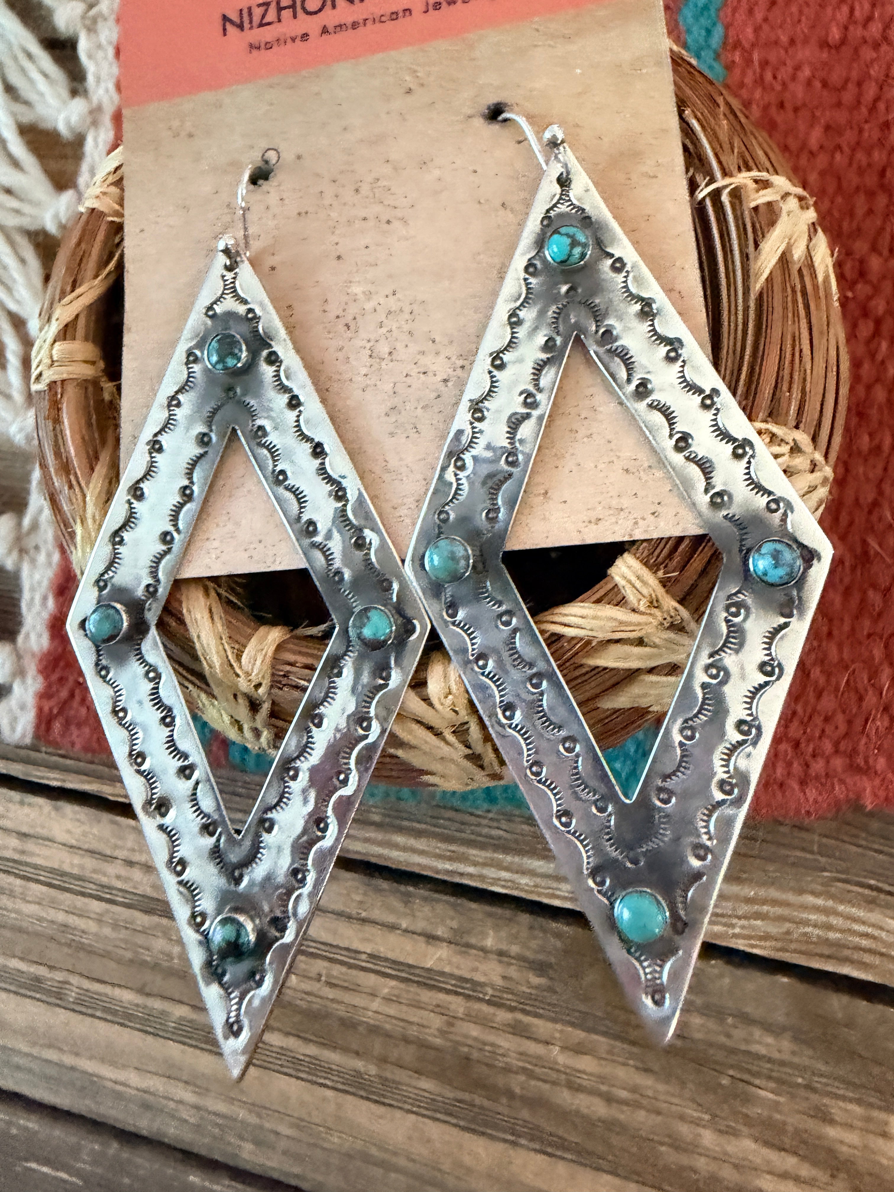 Handmade Sterling Silver & Turquoise Concho Dangle Earrings by Kimari Somers