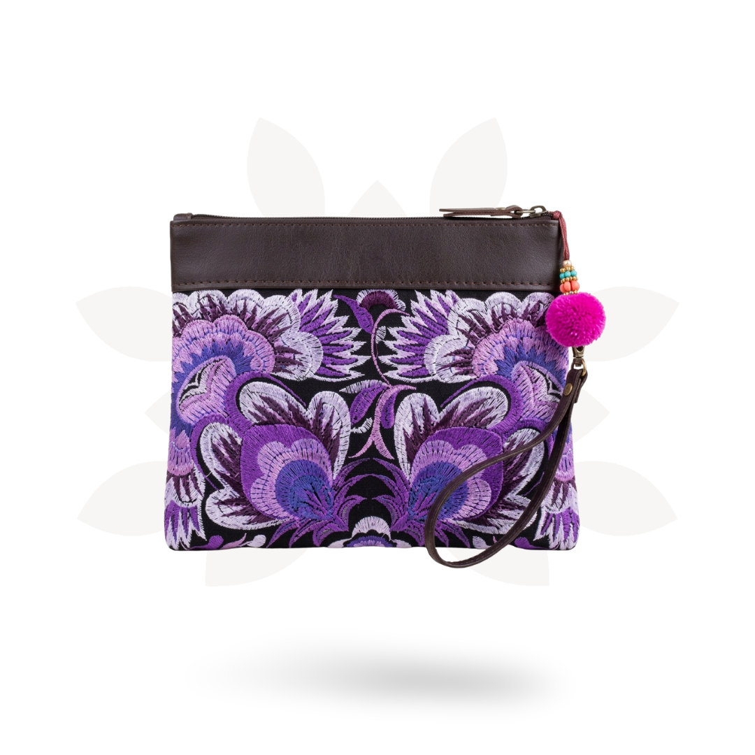Embroidered Flower Leather Trim Wristlet - Thailand