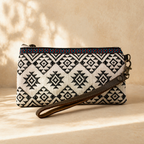 Geometric Embroidered Wristlet Bag with Leather Strap – Thailand