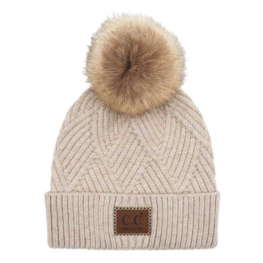 C.C Women's Heather Beanie Hat With Pom And Suede Patch