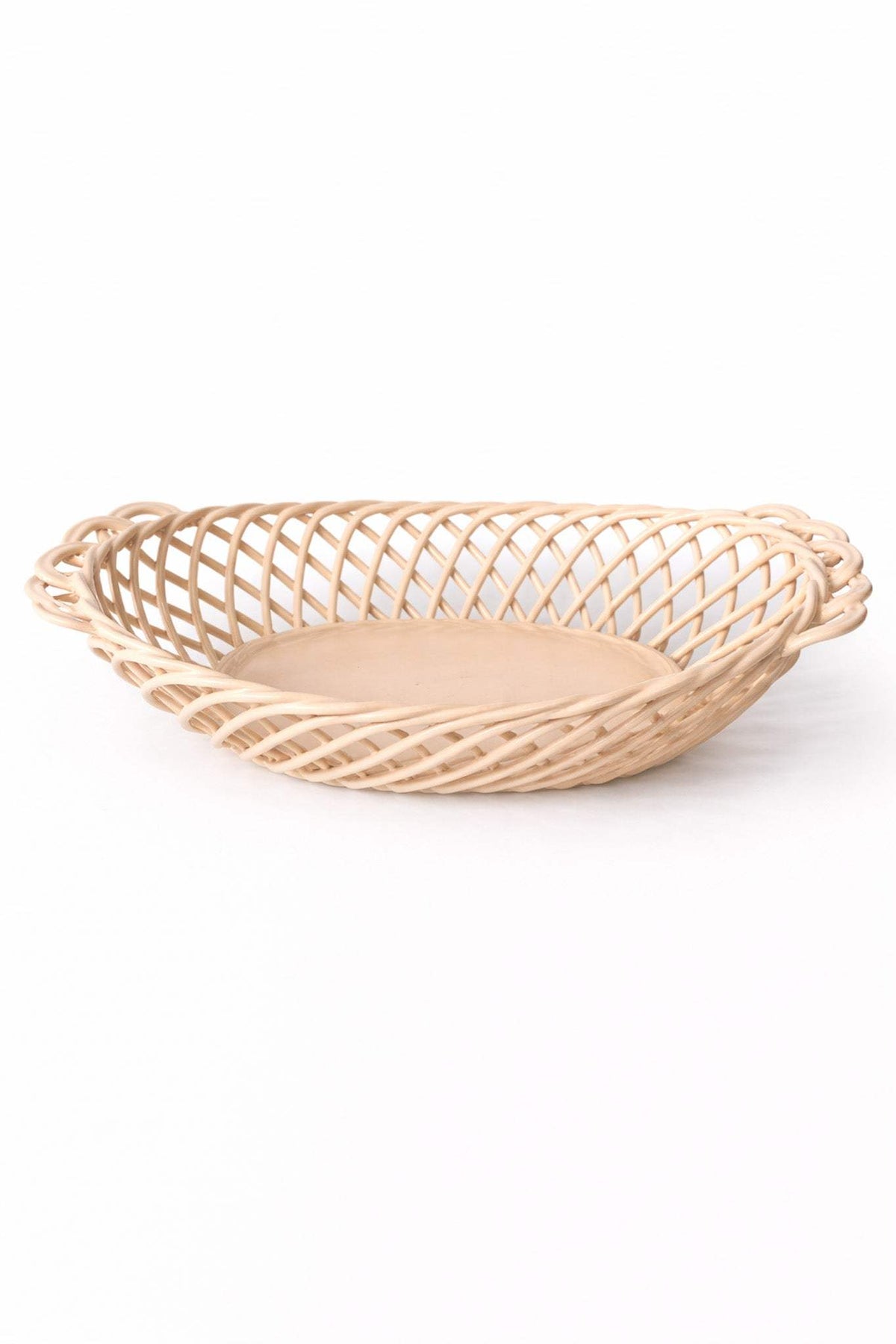Ceramic Oval Basket – Hand-Woven Dish in White, Beige & Pink Glazed Porcelain
