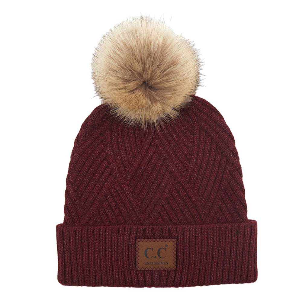 C.C Women's Heather Beanie Hat With Pom And Suede Patch