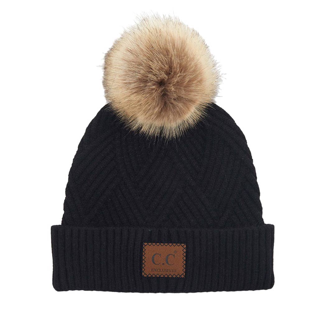 C.C Women's Heather Beanie Hat With Pom And Suede Patch