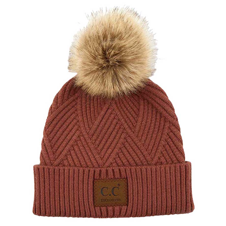 C.C Women's Heather Beanie Hat With Pom And Suede Patch