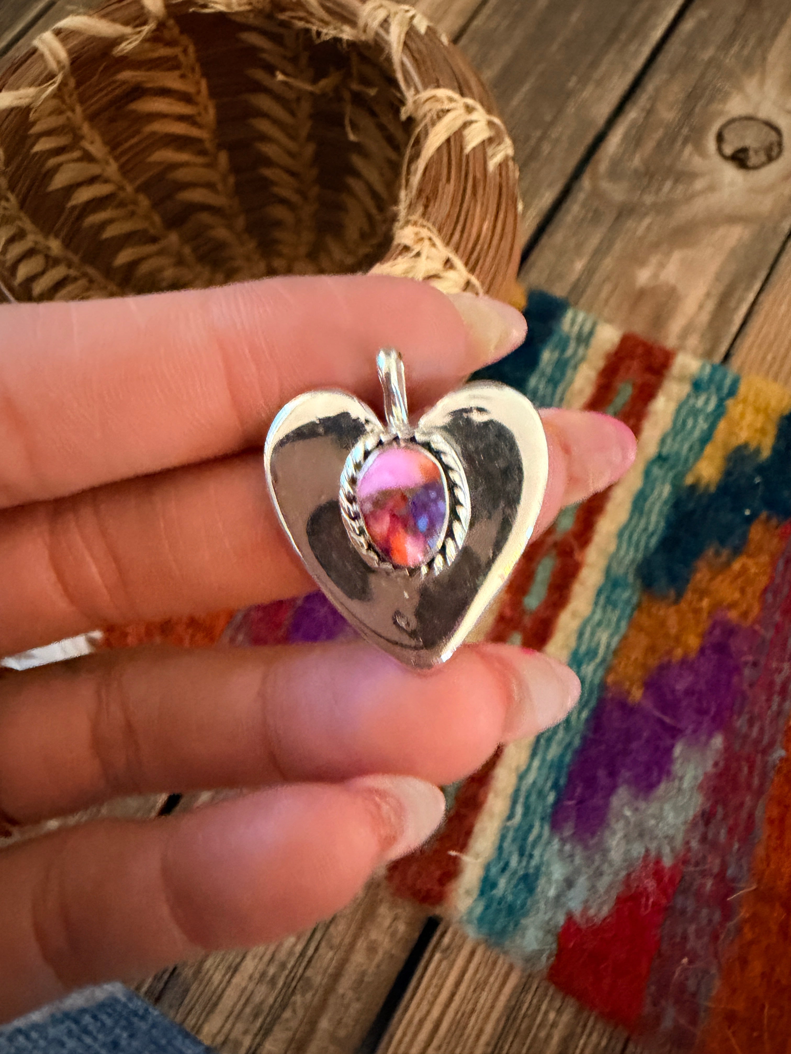 Handcrafted Sterling Silver & Pink Dream Mojave Heart Pendant by Joseph Martinez