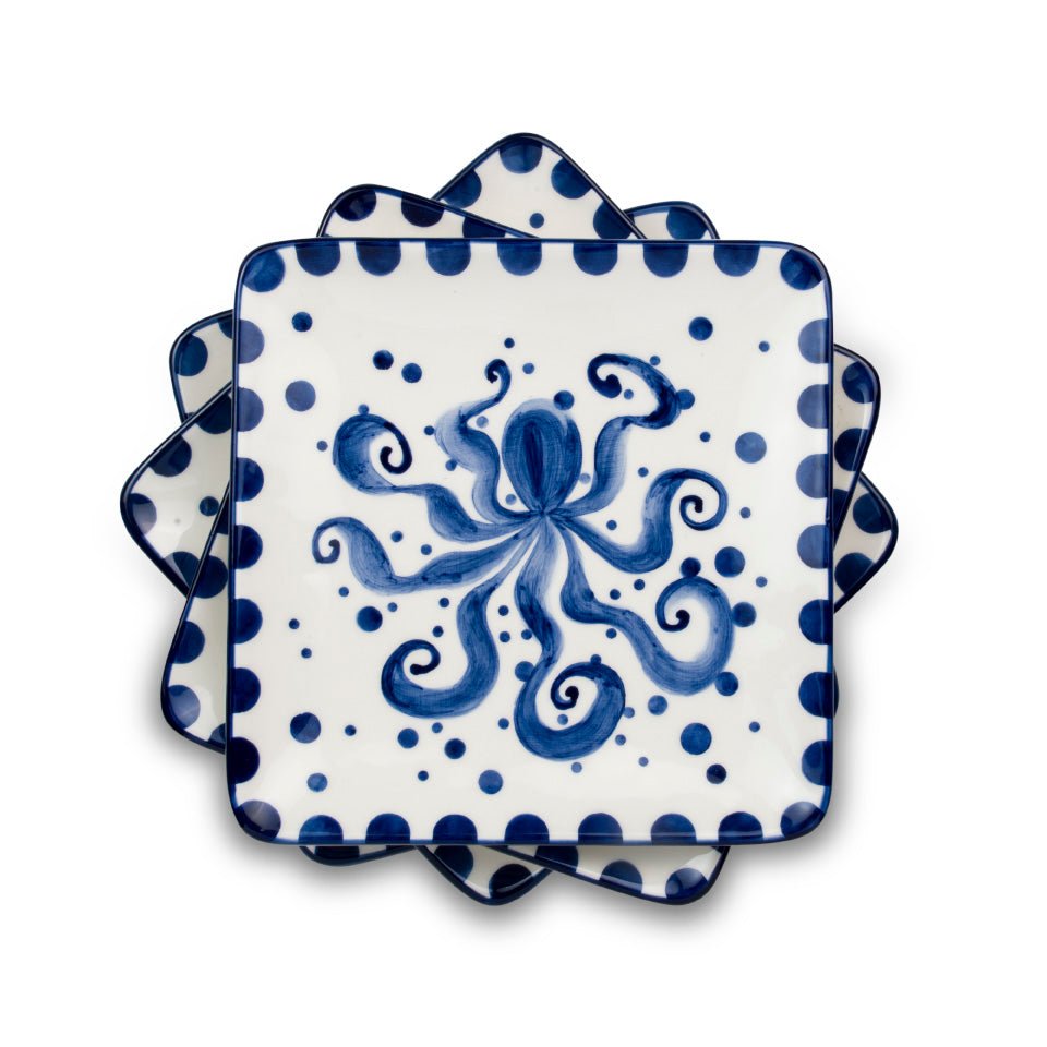 Costa Azul 4 - Piece Hand Painted Octopus design Ceramic Canapes Appetizers Plates Set - Che Cose Belle