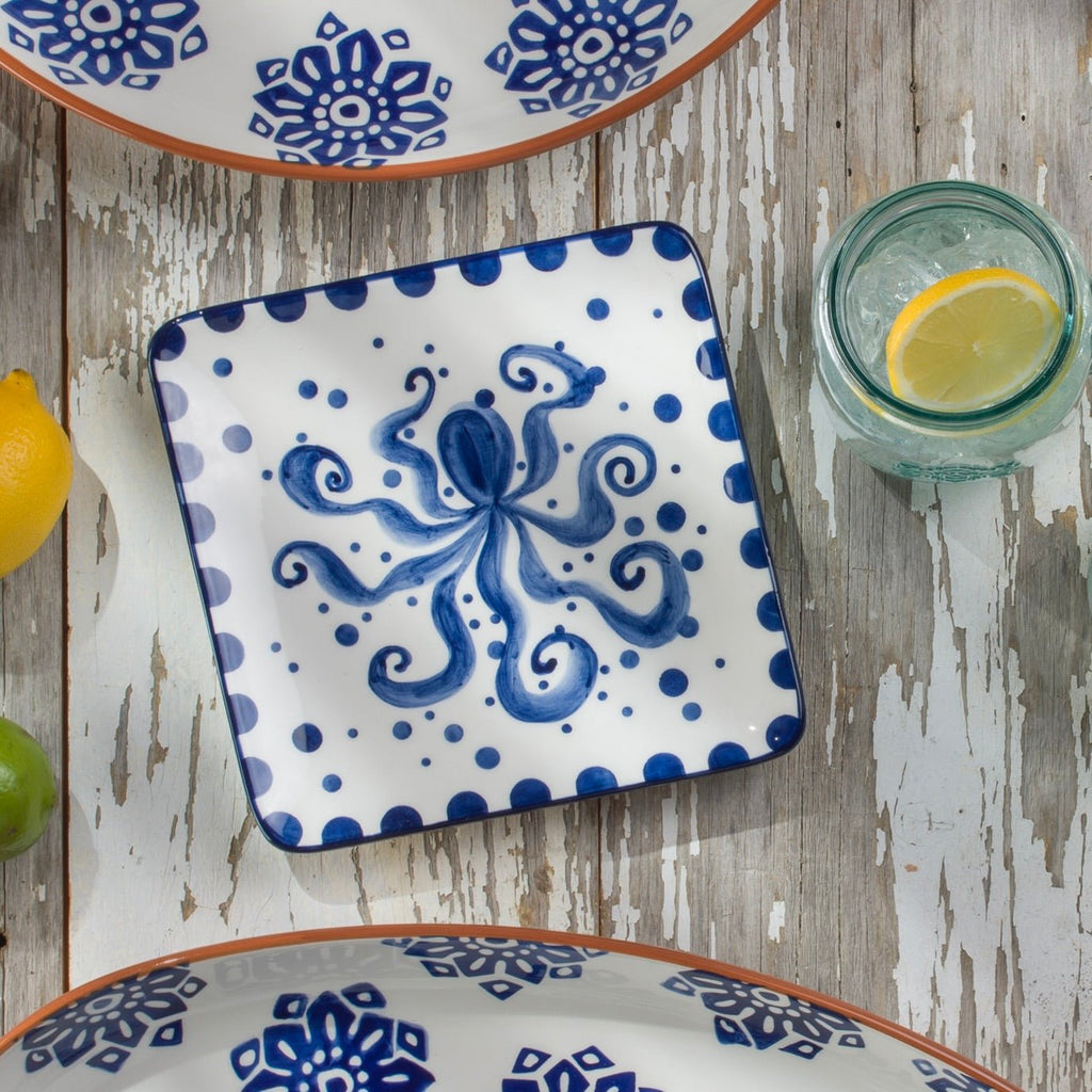 Costa Azul 4 - Piece Hand Painted Octopus design Ceramic Canapes Appetizers Plates Set - Che Cose Belle