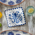 Costa Azul 4 - Piece Hand Painted Octopus design Ceramic Canapes Appetizers Plates Set - Che Cose Belle