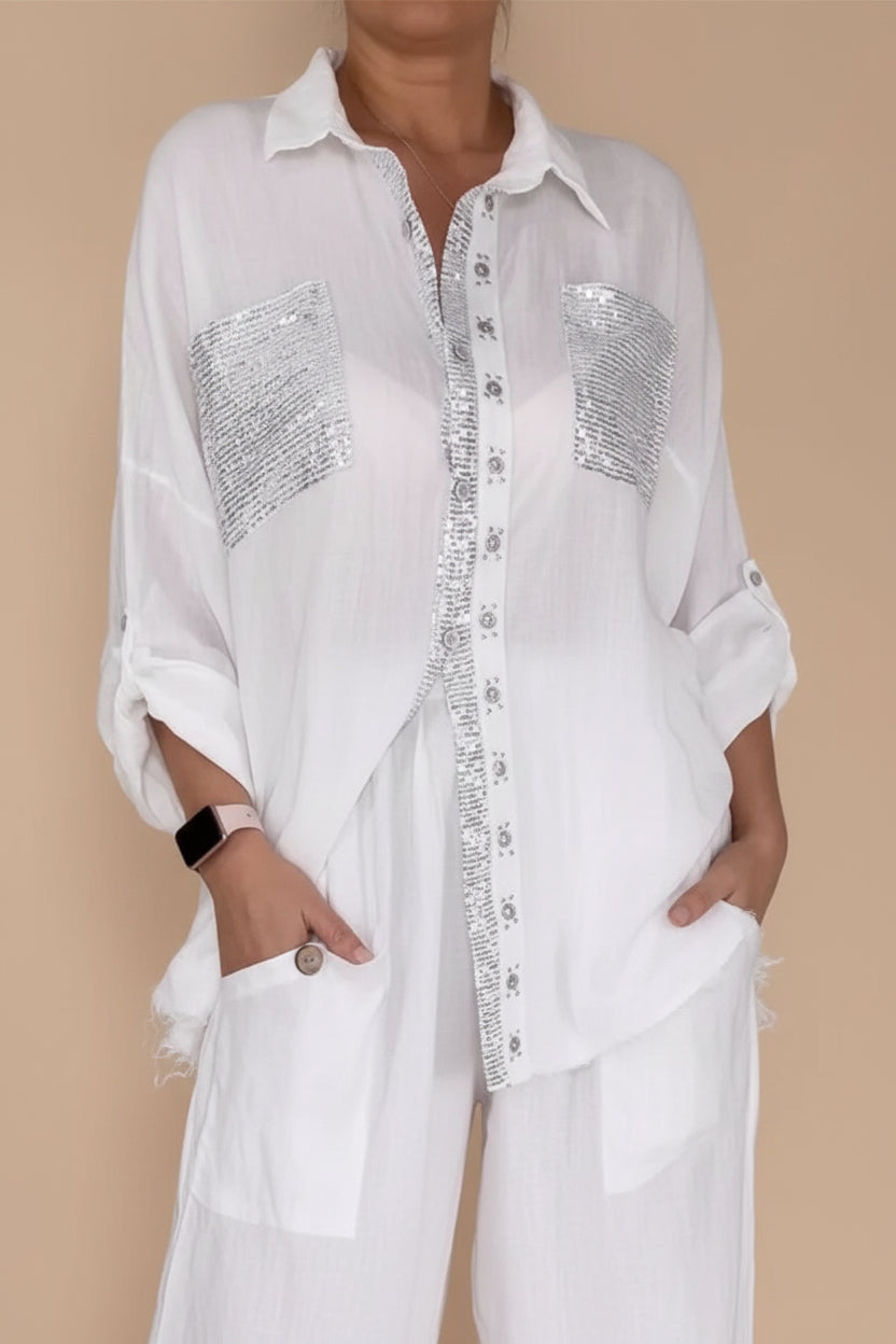 Women's Sequin Pocket & Placket Oversized Shirt & Wide-Leg Pants Set